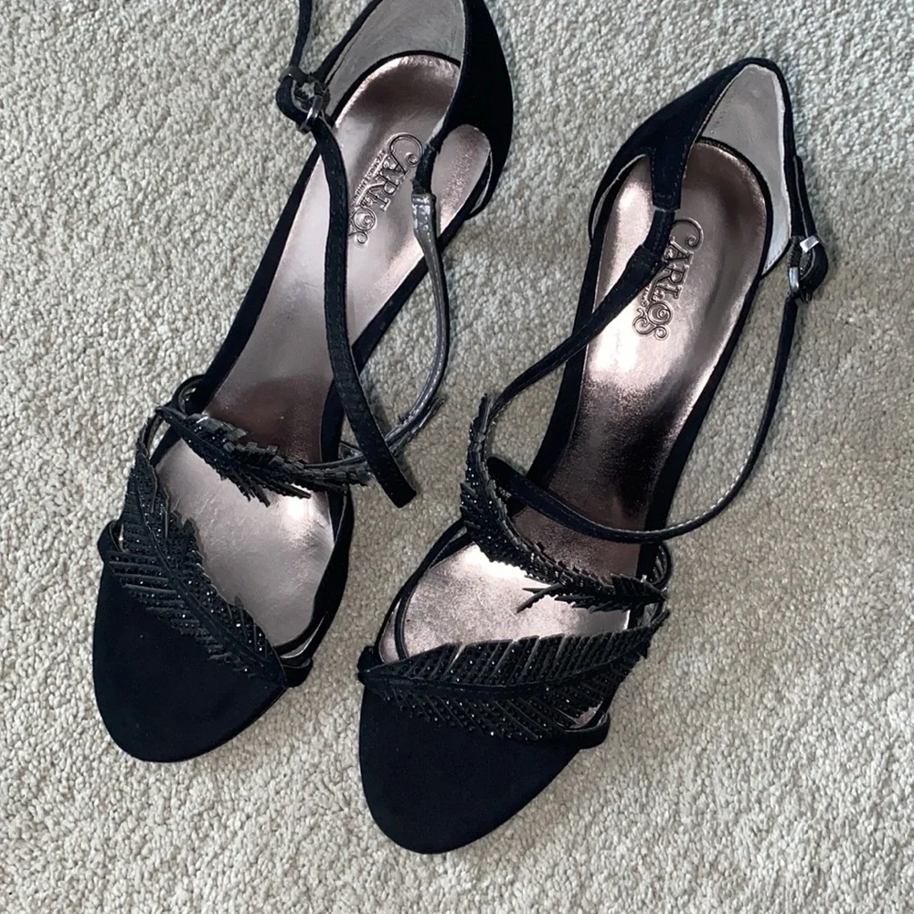 CARLOS SANTANA 8M FRISCO Black 3”‎ Strappy HEELS Sparkly Feather